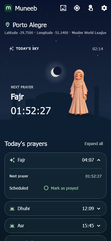 Barakallah prayer dashboard with next prayer countdown, mosque scenery and prayer times