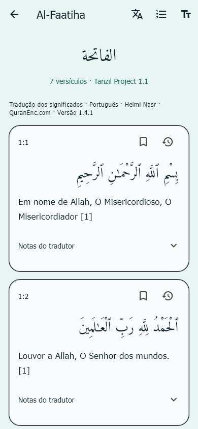 Original Arabic and Portuguese translation with source credits in the Quran reader