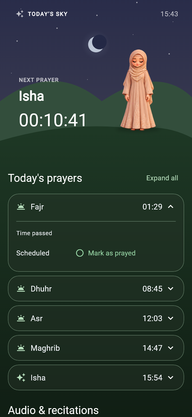 Expanded prayer times without personal information